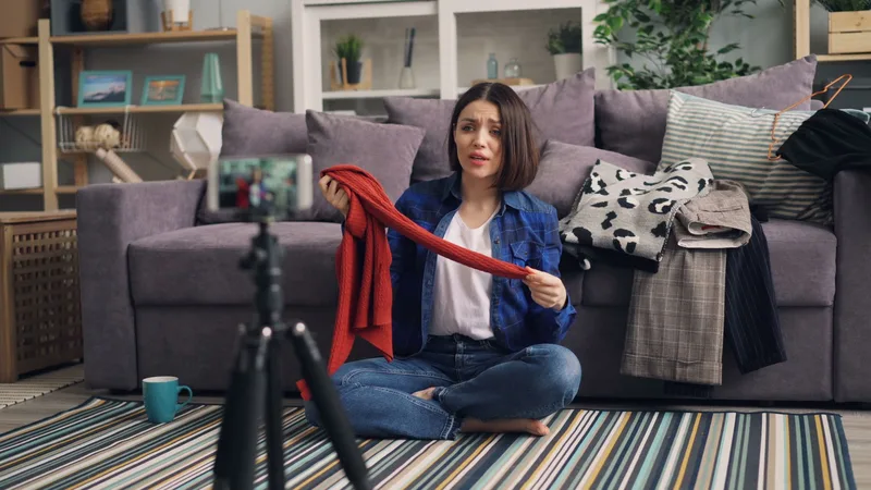 Solo creator recording an Instagram Story on their phone in a well-lit home workspace, with a ring light visible in the background